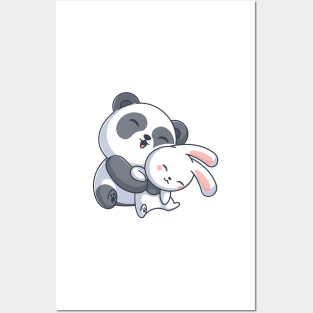 Cute panda hugging stuffed bunny Posters and Art